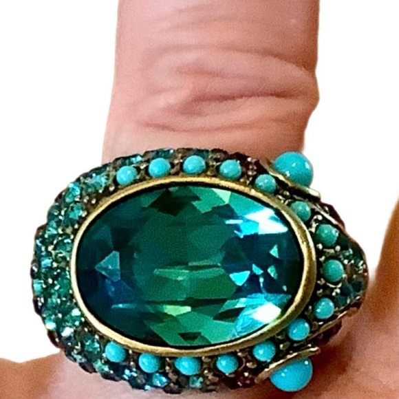 Heidi Daus Art DecobTurquoise Teal Oval Crystal Statement Ring. NWOT Sz. 7.5 - Picture 2 of 8